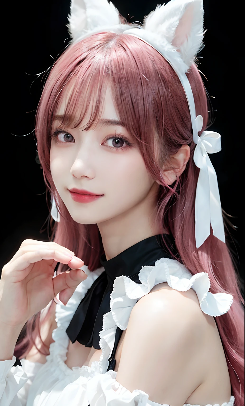 (Raw photography:1.2)、top-quality、a beautiful detailed girl、Pink hair color、Twin-tailed、A smile、idol、extremely detailed eye and face、beatiful detailed eyes、huge filesize、hight resolution、8k wallpapenely detail、wall-paper、Light on the Face、Movie Lighting、1 girl、Idle Pose、(photorealisim:1.4)、illustratio、super detailing、​masterpiece、White fur hair rubber、Fluffy dress with black ribbon on pink