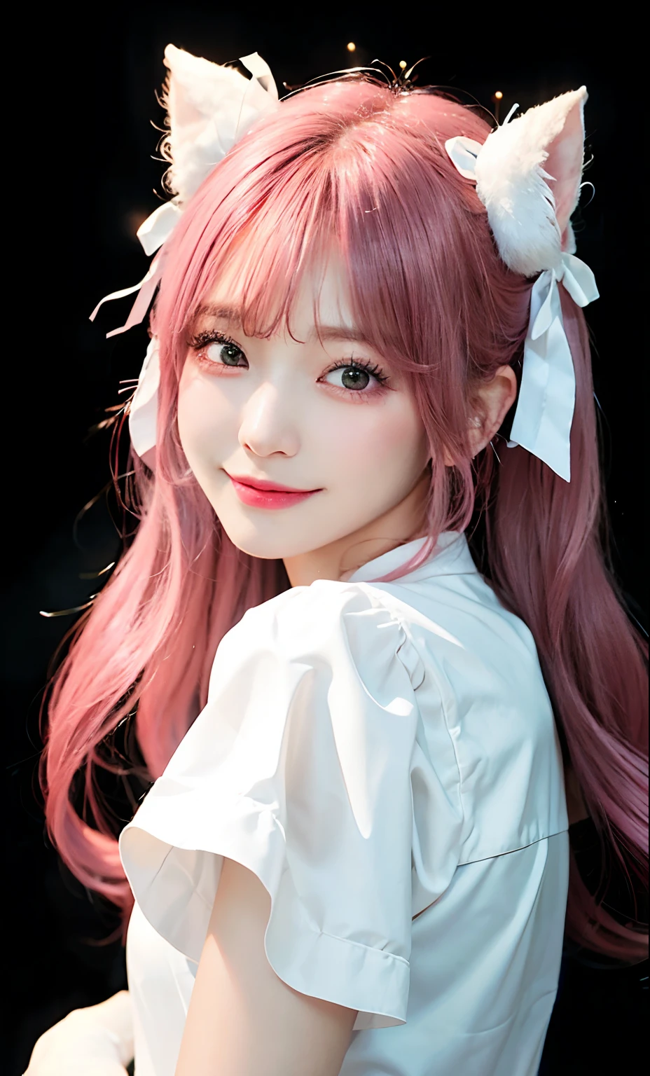 (Raw photography:1.2)、top-quality、a beautiful detailed girl、Pink hair color、Twin-tailed、A smile、idol、extremely detailed eye and face、beatiful detailed eyes、huge filesize、hight resolution、8k wallpapenely detail、wall-paper、Light on the Face、light、16-year-old girl、Idle Pose、(photorealisim:1.4)、illustratio、super detailing、​masterpiece、White fur hair rubber、Fluffy dress with black ribbon on pink