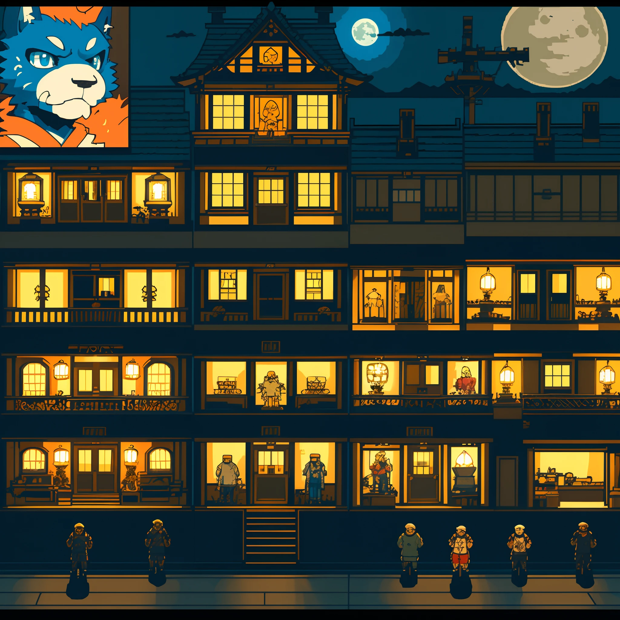 highres, absurdres(highly detailed beautiful face and eyes)perfect anatomy, detailed background, User Interface of fps game, night, japanese house, deteriorated furniture, windows, moonlight, 6+boys, 6+girls, expression, good lighting, cinematic shadow(kemono, furry anthro)assorted poses,