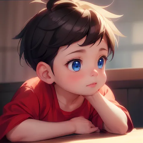 Blue-eyed anime boy sitting at table looking at camera, Kawaii realistic portrait, Anime boy, realistic anime artstyle, anime re...