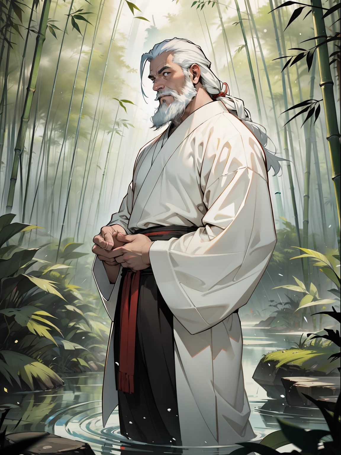 Deep in the bamboo forest, Chinese Ancient Times，raining day, A middle-aged male, 50yearsold, With a beard，long whitr hair，emaciated，dressed white hanfu, Standing in a bamboo forest, A hand touched his beard，Place one hand behind your back，look up to，Quiet, Cinematic lighting, in a panoramic view, Masterpiece, ccurate, Super detail, Award-Awarded, Best quality