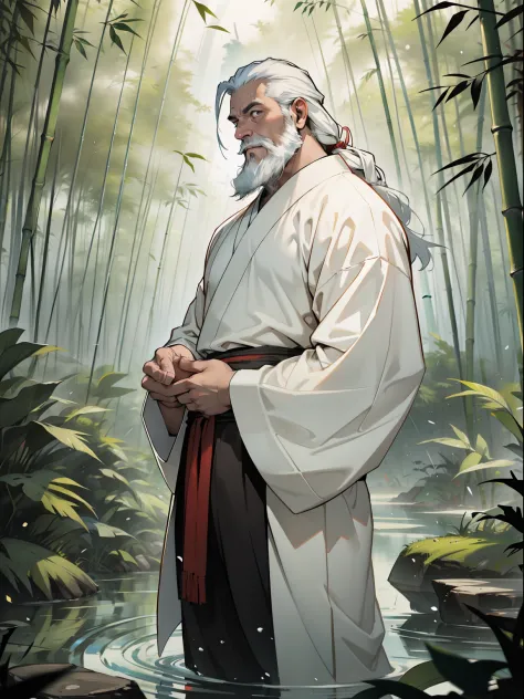 deep in the bamboo forest, chinese ancient times，raining day, a middle-aged male, 50yearsold, with a beard，long whitr hair，emaci...