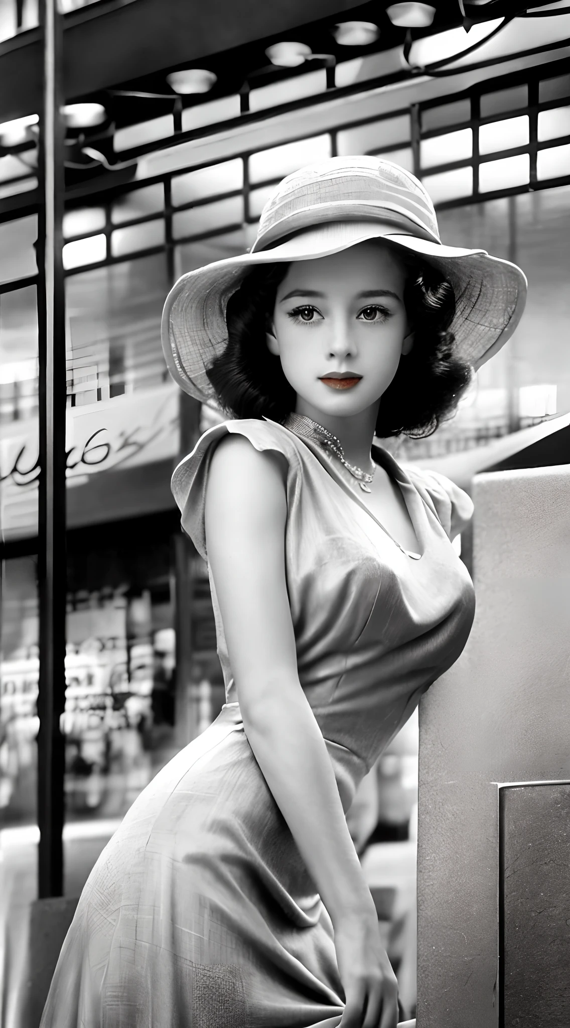 Femmes élégantes en groupe (Robes et chapeaux style années 40:1.3) En équilibre sur la route, (manquer:1.2) mode vintage, (intemporel:1.2) enchanteur, (captivant:1.2) pose, (monochrome:1.1) Ton, (nostalgique:1.2) atmosphérique, (méticuleux:1.1) faites attention aux détails, (symbole:1.1) Style photographique des années 1940