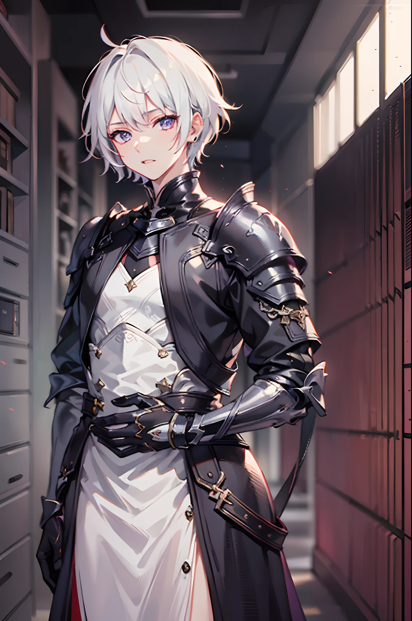 ((4k,masterpiece,best quality)), maxiskit, 1boy, solo, standing, white hair, short hair, vampire, armor, purple eyes, from front, look at viewer