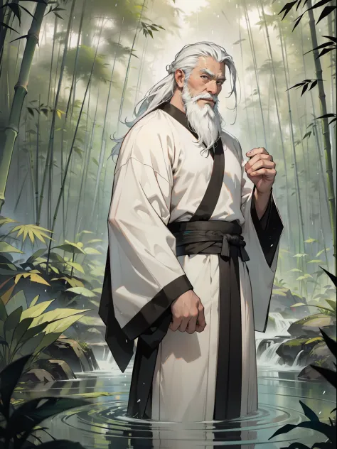 Deep in the bamboo forest, Chinese Ancient Times，raining day, A middle-aged male, 50yearsold, With a beard，long whitr hair，emaci...