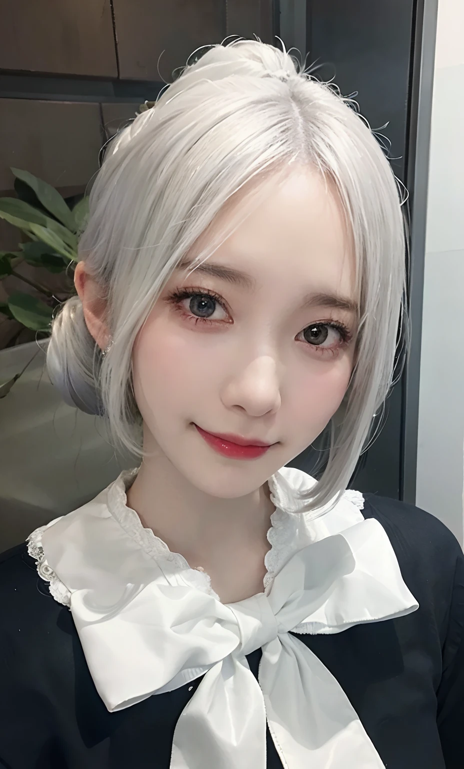 (Raw photography:1.2)、top-quality、a beautiful detailed girl、White hair color、Long and slightly wound、2 hair buns on top、A smile、Idol、extremely detailed eye and face、beatiful detailed eyes、huge filesize、hight resolution、8k wallpaper、finely detail、wall-paper、Light on the Face、电影灯光、16-year-old girl、Idle Pose、(photorealisim:1.4)、illustratio、super detailing、​masterpiece、White fur hair elastic、Fluffy dress with white ribbon