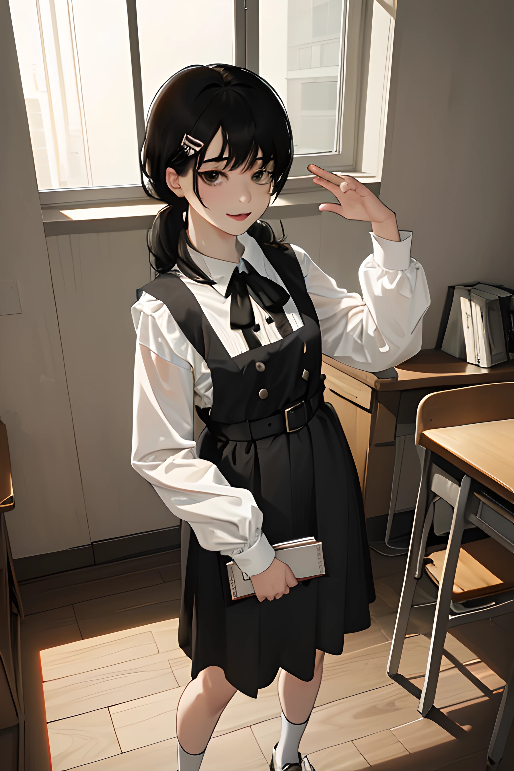 8k, raw camera, highres, detailed, masterpiece, portrait, photorealistic, hyperrealist, aesthetic, beautiful, best quality, highly detaile, best quality clothing, aesthetic clothings, professional angle, rule of thirds, Feminine, delicate, beautiful, 19 years, attractive Japanese, solo, 1 girl, (Asa Mitaka), (In School Classroom ), (Full body), ((From Front) Shallow Depth of Field), -, ((Calm)), (Medium  Hair, Black Hair), (Loose Hair, Bangs, Hair Clip on one Side of the Bangs, Semi Wavy Hair), ((Twin Tails Back)), (Dark Brown Eyes, Open Eyes, Concentrated Gaze), (-, Hands Down Holding Book), (Standing, Mouth Closed Smiling), -, -, (Medium Bust), ((Black Pinafore and White Shirt underneath, Long Sleeves)), (Black Ribbon, Black  Belt, -), (-), beautiful body, beautiful eyes, shiny eyes, shiny hair, beautiful mouth, beautiful lips, beautiful skin, beautiful teeth, perfect teeth, beautiful face