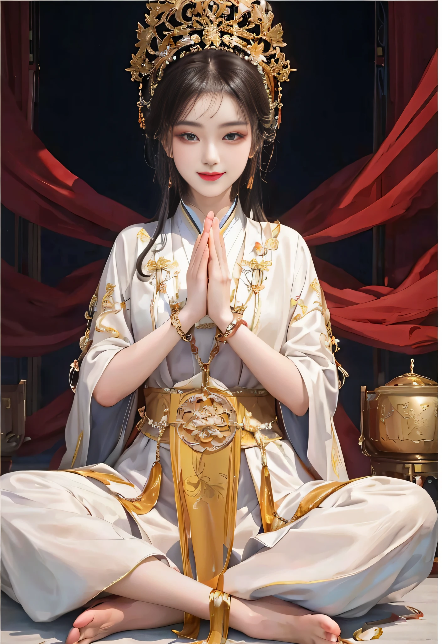 Amazing portrait of oriental beauty in yellow Hanfu，（Meditation cross-legged:1.3），（Beautiful eyes looking straight ahead），long eyelasher，A solemn expression，（Perfect human legs）（（Prayer gestures）），Perfect facial features，Refined face，high definition detail，Deep shooting ，（sitting cross-legged），Smiling，The light from the back window is backlighted，the soft light，divino，cinematic edge lighting，Delicate sheen，（（long trousers）），（（Plain white background））