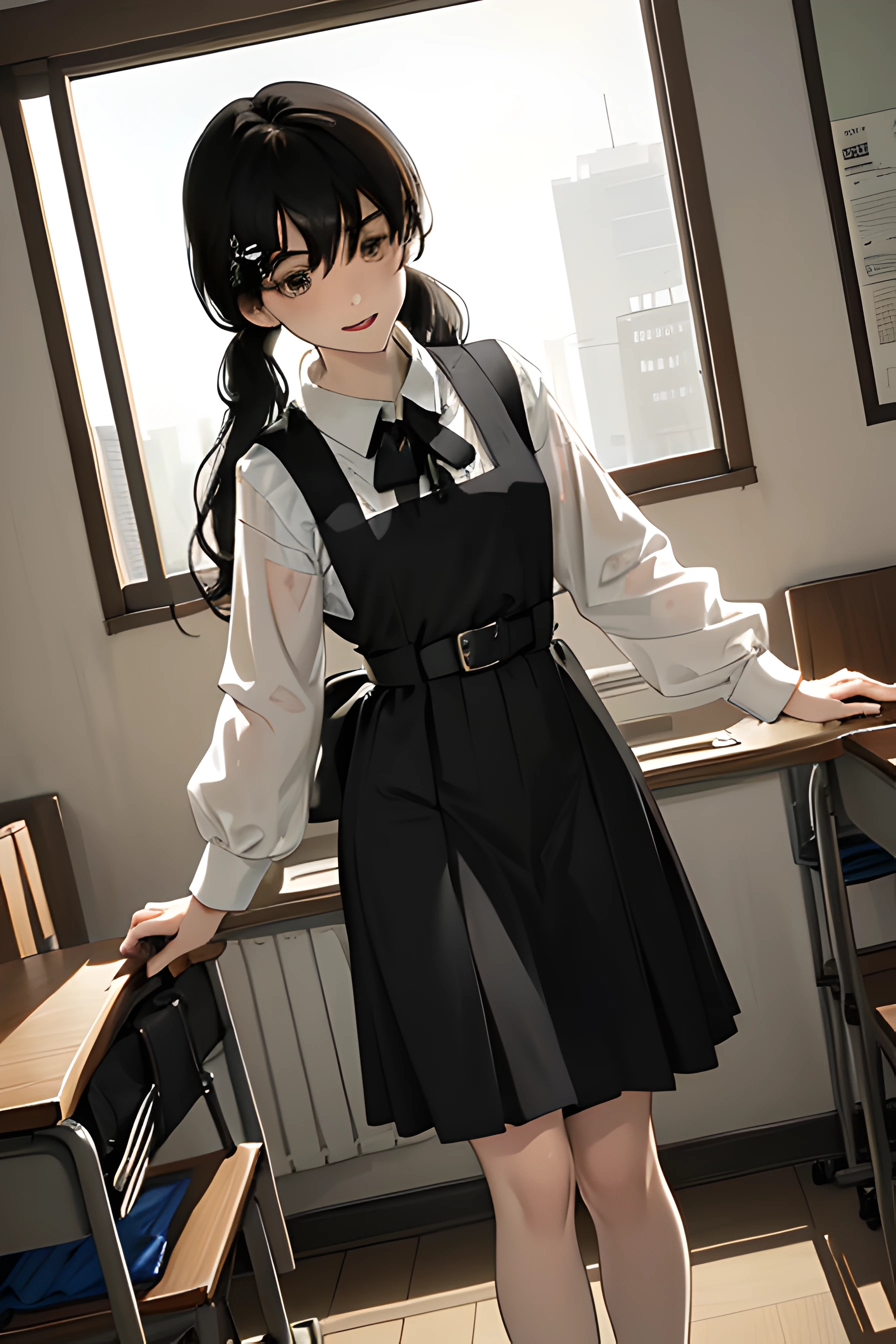 8k, raw camera, highres, detailed, masterpiece, portrait, photorealistic, hyperrealist, aesthetic, beautiful, best quality, highly detaile, best quality clothing, aesthetic clothings, professional angle, rule of thirds, Feminine, delicate, beautiful, 19 years, attractive Japanese, solo, 1 girl, (Asa Mitaka), (In School Classroom ), (Full body), ((From Front) Shallow Depth of Field), -, ((Calm)), (Medium  Hair, Black Hair), (Loose Hair, Bangs, Hair Clip on one Side of the Bangs, Semi Wavy Hair), ((Twin Tails Back)), (Dark Brown Eyes, Open Eyes, Concentrated Gaze), (-, Hands Down Holding Book), (Standing, Mouth Closed Smiling), -, -, (Medium Bust), ((Black Pinafore and White Shirt underneath, Long Sleeves)), (Black Ribbon, Black  Belt, -), (-), beautiful body, beautiful eyes, shiny eyes, shiny hair, beautiful mouth, beautiful lips, beautiful skin, beautiful teeth, perfect teeth, beautiful face