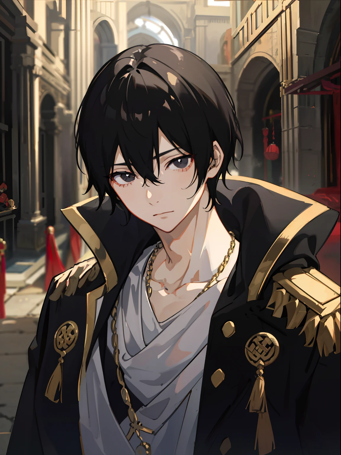 Masterpiece, Best Quality, hiquality, 1boy, 独奏, male focus, looking a viewer, upper-body, Zeref, Greek clothes, black hair, black eyes, closed mouth, ombre