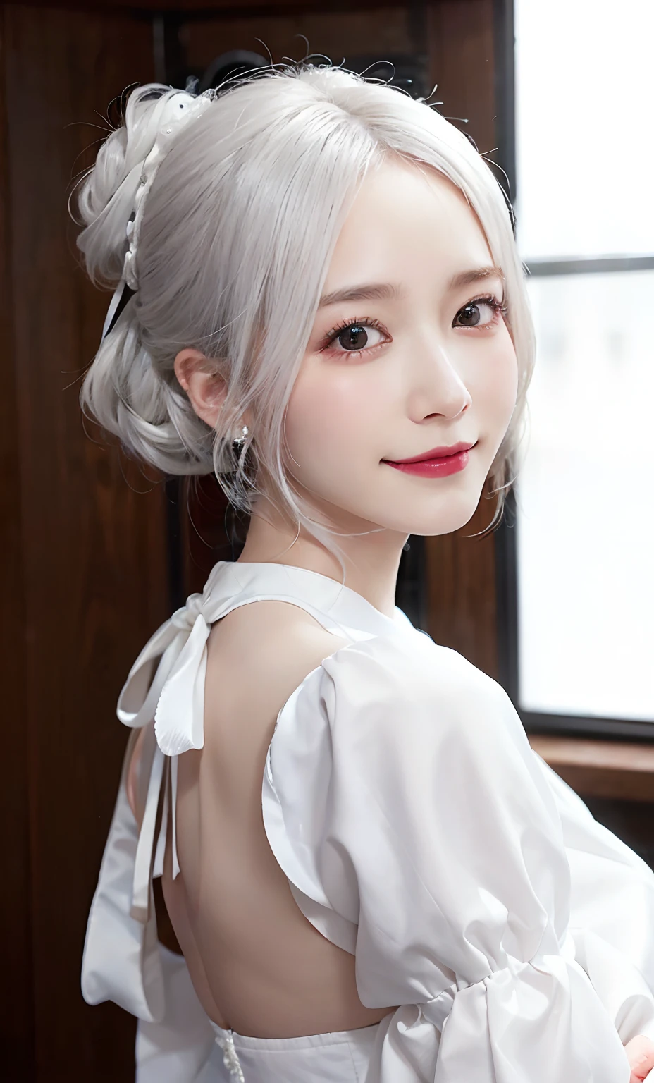 (Raw photography:1.2)、top-quality、a beautiful detailed girl、White hair color、Long and slightly wound、Long、2 hair buns on top、A smile、idol、extremely detailed eye and face、beatiful detailed eyes、huge filesize、hight resolution、8k wallpapenely detail、wall-paper、Light on the Face、Movie Lighting、1 girl、Idle Pose、(photorealisim:1.4)、illustratio、super detailing、​masterpiece、White fur hair elastic、Fluffy dress with white ribbon、Sauce order