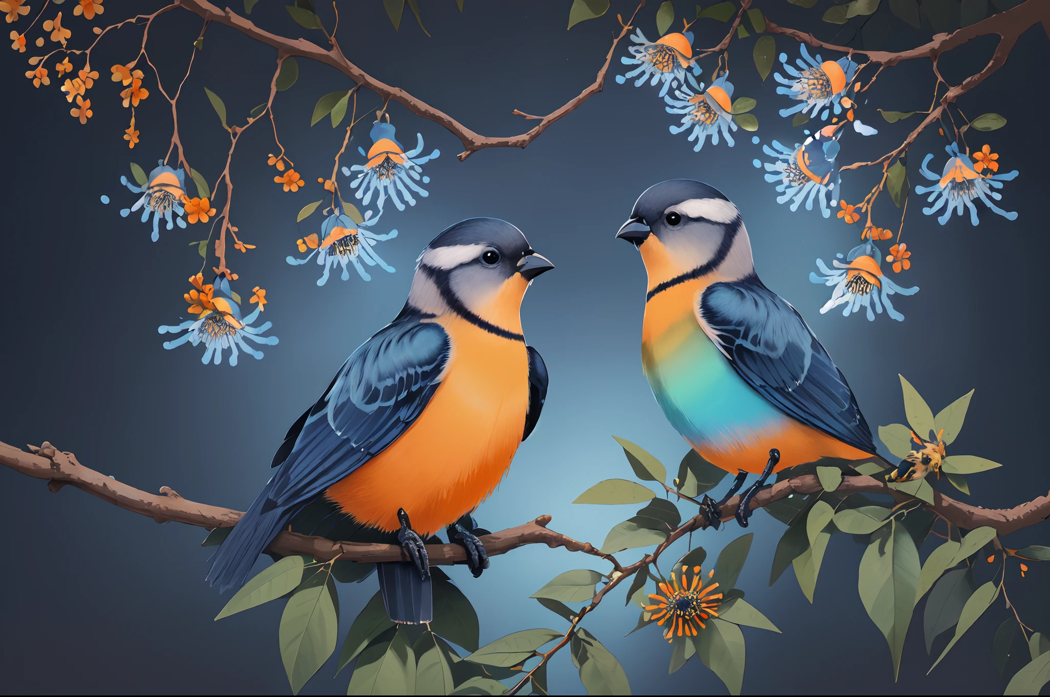 crayon sketch art, ((Two small birds with light navy blue gradient heads and orange bodies)), in acacia tree nest, passion flowers with bee, spring breeze and light, full colors, in the park background, meticulous and meticulous art-work,