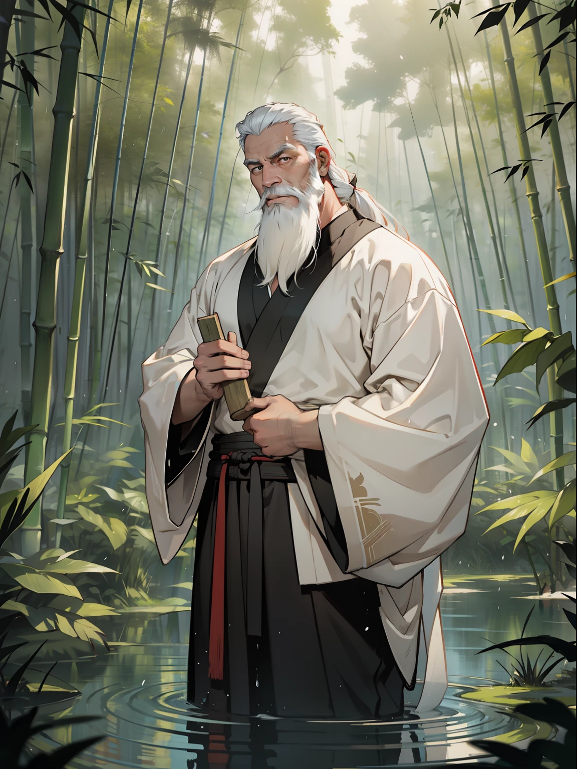 Deep in the bamboo forest, Chinese Ancient Times，raining day, A middle-aged male, 50yearsold, With a beard，long whitr hair，emaciated，dressed white hanfu, Standing in a bamboo forest, A hand touched his beard，Place one hand behind your back，look up to，Quiet, Cinematic lighting, in a panoramic view, Masterpiece, ccurate, Super detail, Award-Awarded, Best quality