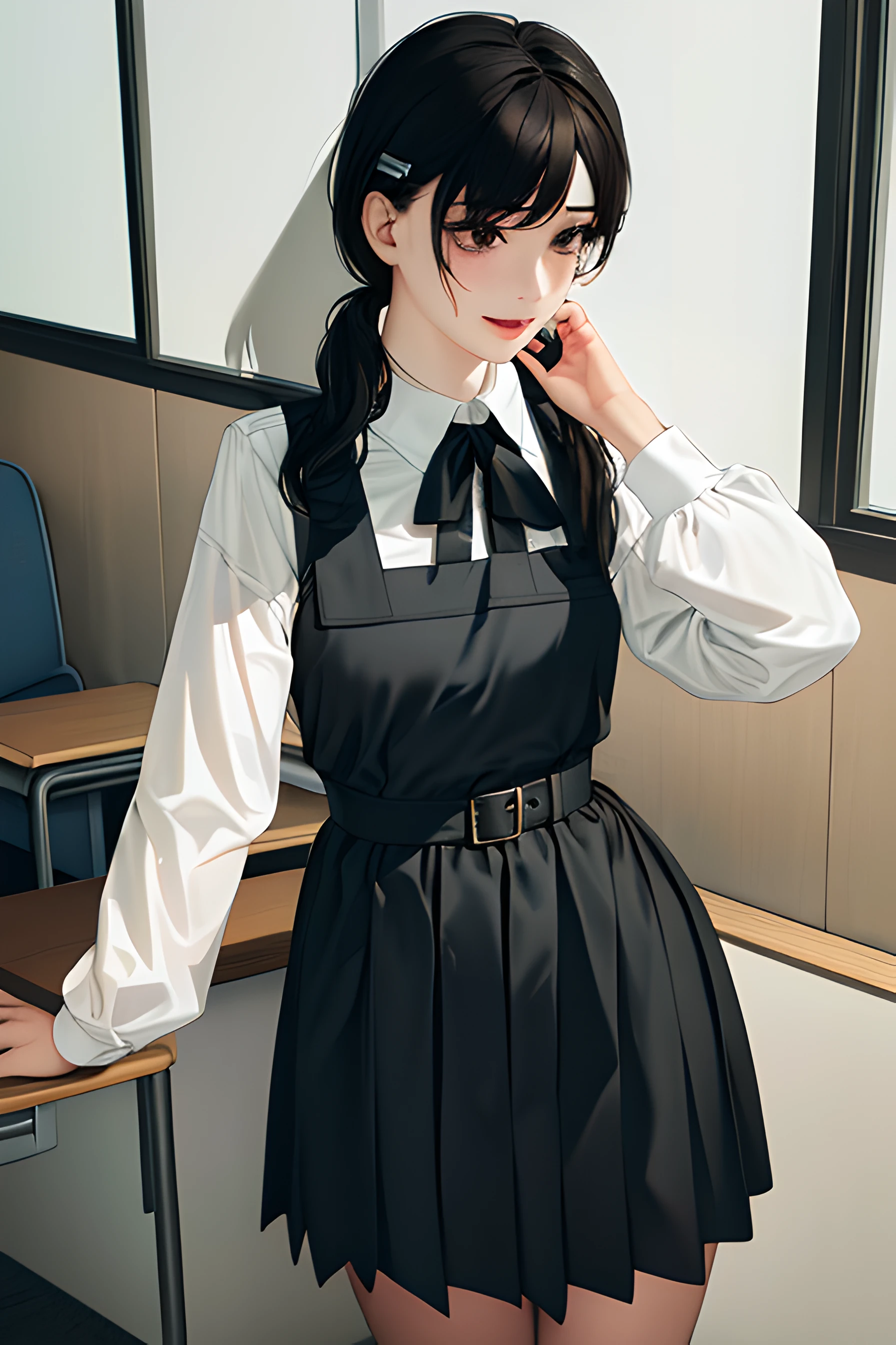 8k, raw camera, highres, detailed, masterpiece, portrait, photorealistic, hyperrealist, aesthetic, beautiful, best quality, highly detaile, best quality clothing, aesthetic clothings, professional angle, rule of thirds, Feminine, delicate, beautiful, 19 years, attractive Japanese, solo, 1 girl, (Asa Mitaka), (In School Classroom ), (Full body), ((From Front) Shallow Depth of Field), -, ((Calm)), (Medium  Hair, Black Hair), (Loose Hair, Bangs, Hair Clip on one Side of the Bangs, Semi Wavy Hair), ((Twin Tails Back)), (Dark Brown Eyes, Open Eyes, Concentrated Gaze), (-, Hands Down Holding Book), (Standing, Mouth Closed Smiling), -, -, (Medium Bust), ((Black Pinafore and White Shirt underneath, Long Sleeves)), (Black Ribbon, Black  Belt, -), (-), beautiful body, beautiful eyes, shiny eyes, shiny hair, beautiful mouth, beautiful lips, beautiful skin, beautiful teeth, perfect teeth, beautiful face