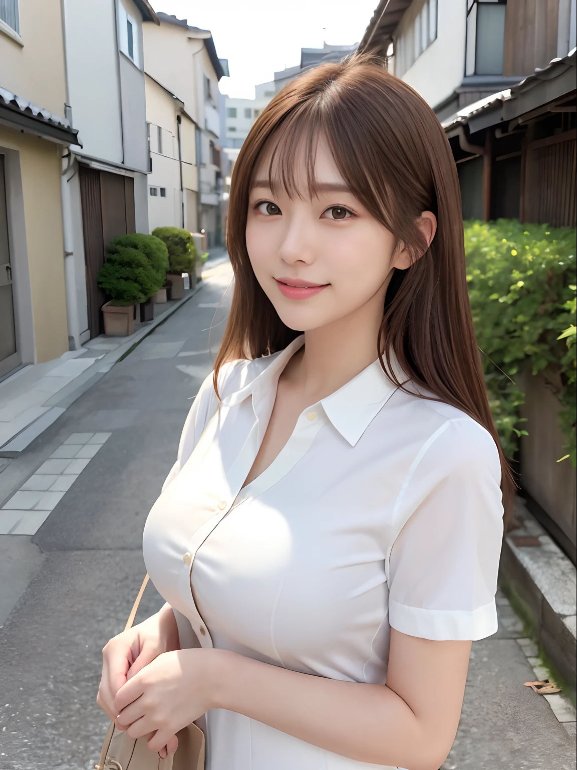 masutepiece、Supreme Beauty、Beautifully shaped breasts、​masterpiece, 1 girl, solo、White shirt、suits、detail, depth of fields, 135 mm, Textured skin, Super Detail, High quality, awardwinning, Best Quality, hight resolution, 8K, white-skinned,Koi brown hair、Random Hair、cute  face、A big smile、Adult beauties、25-years old、1 person per Japan、Top image quality、Ultra-high resolution、8K、Bright sunshine、Delicate Photos、Back alley、Realistic background