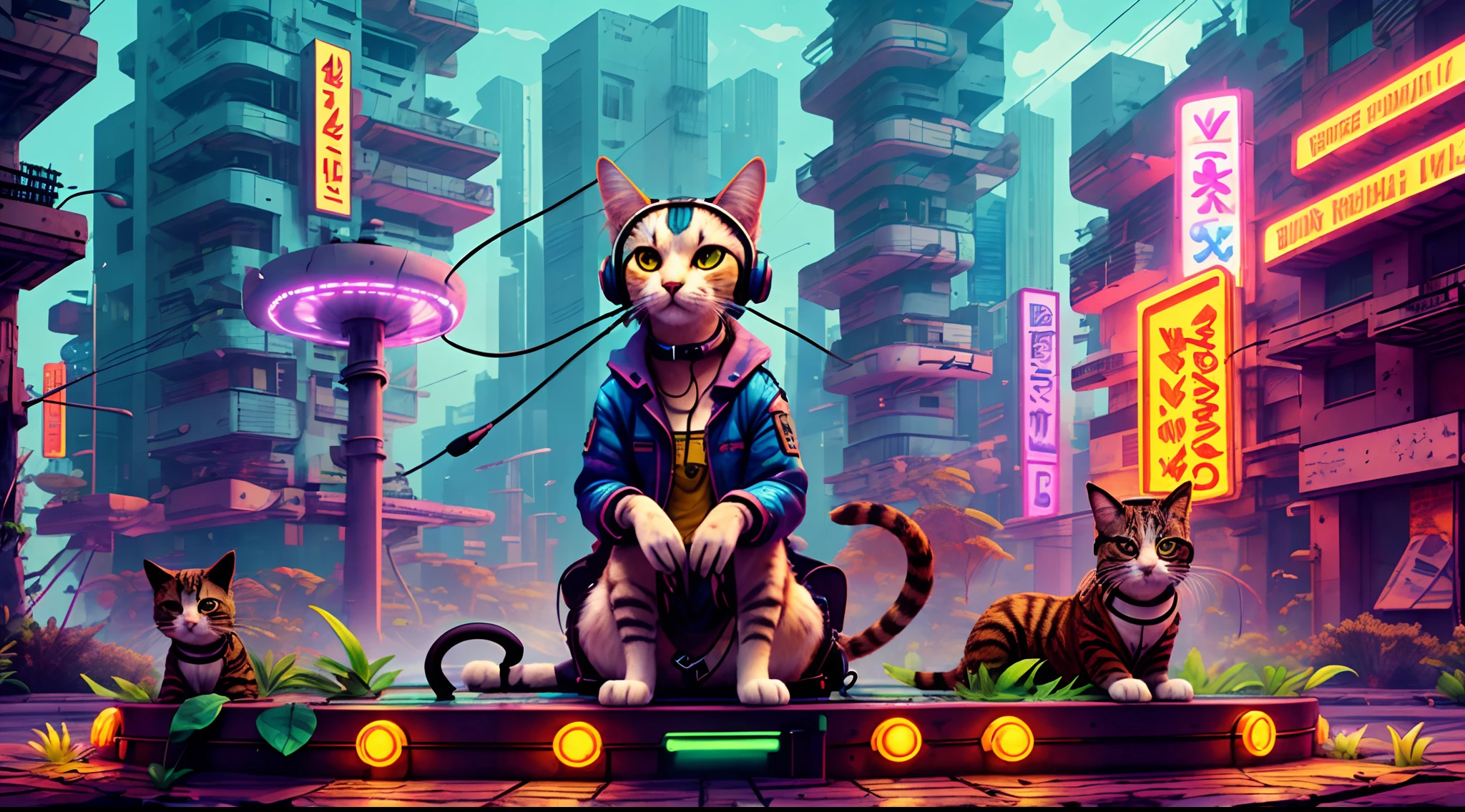 A cat with headphones and a jacket is sitting on a large lily leaf in a fountain. Cyberpunk and post-Soviet modernism  style themed. closeup view, neon lights., Pop art, Pixar, three sided view, UHD, anatomically correct, textured skin, super detail, high quality, 4K