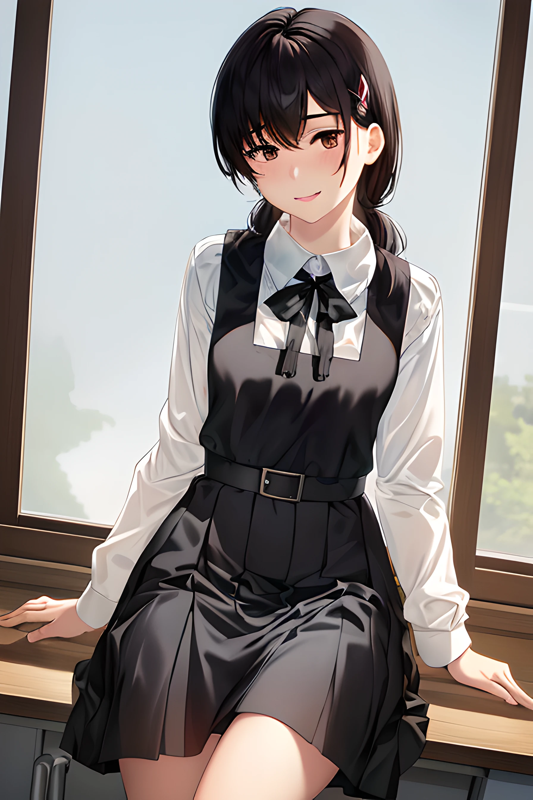 8k, raw camera, highres, detailed, masterpiece, portrait, photorealistic, hyperrealist, aesthetic, beautiful, best quality, highly detaile, best quality clothing, aesthetic clothings, professional angle, rule of thirds, Feminine, delicate, beautiful, 19 years, attractive Japanese, solo, 1 girl, (Asa Mitaka), (In School Classroom ), (Full body), ((From Front) Shallow Depth of Field), -, ((Calm)), (Medium  Hair, Black Hair), (Loose Hair, Bangs, Hair Clip on one Side of the Bangs, Semi Wavy Hair), ((Twin Tails Back)), (Dark Brown Eyes, Open Eyes, Concentrated Gaze), (-, Hands Down Holding Book), (Standing, Mouth Closed Smiling), -, -, (Medium Bust), ((Black Pinafore and White Shirt underneath, Long Sleeves)), (Black Ribbon, Black  Belt, -), (-), beautiful body, beautiful eyes, shiny eyes, shiny hair, beautiful mouth, beautiful lips, beautiful skin, beautiful teeth, perfect teeth, beautiful face