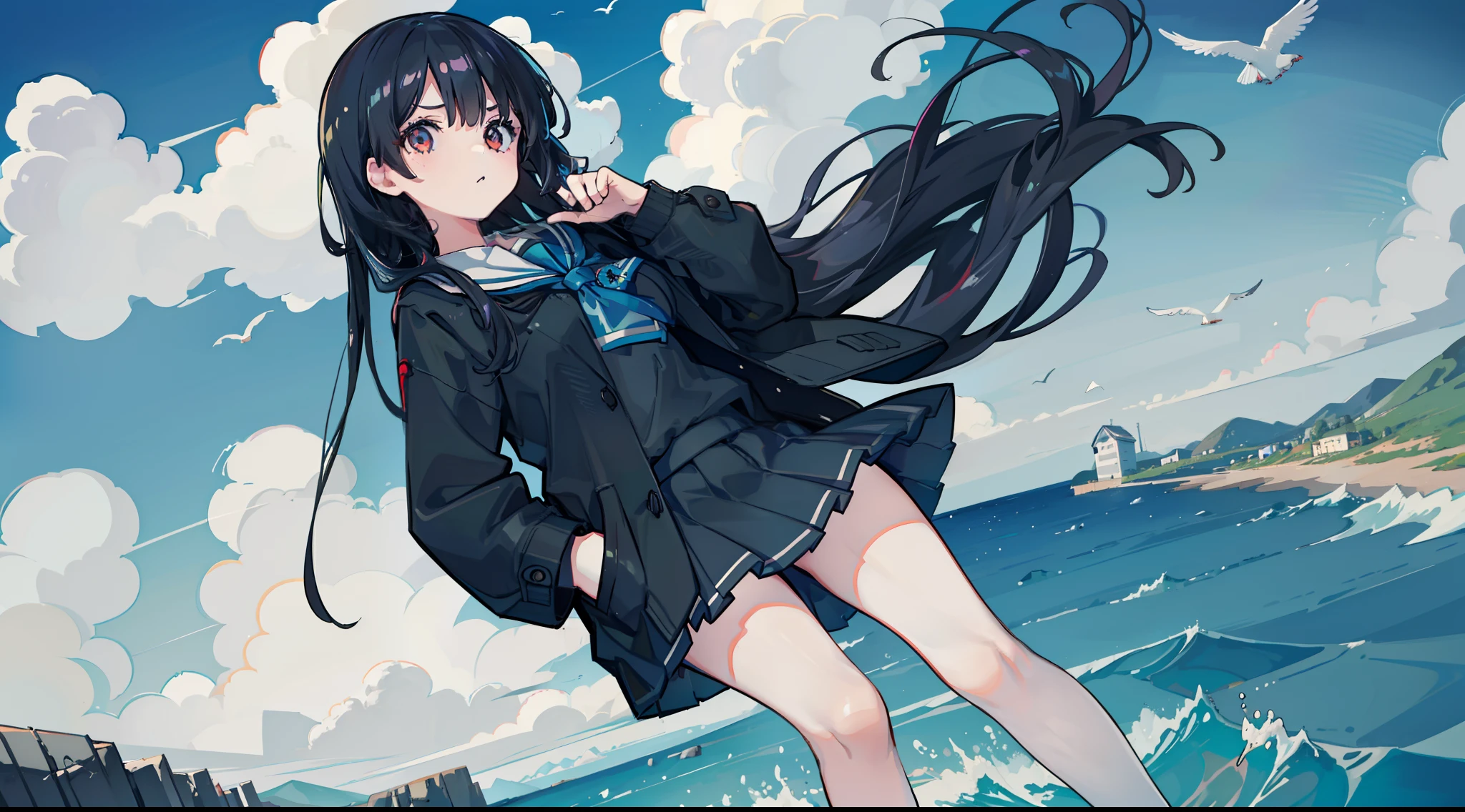 Realistic  ,  , high qulity , short  skirt , Wearing black knee-length socks , beautifullegs , black long straight hair , White skin , Slim，Detailed background，the sea，blue-sky，breakwater，seagulls，​​clouds，vessels，standing on your feet ，Put your hands in your pockets ， coat large ，Superbly detailed eyes