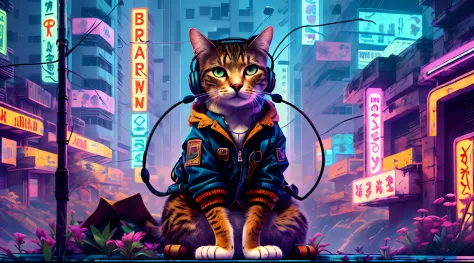 A cat with headphones and a jacket is sitting on a large lily leaf in a fountain. Cyberpunk and post-Soviet modernism  style the...