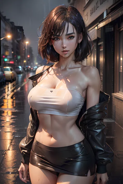 ((Realistic lighting, best qualtiy, 8k, tmasterpiece:1.3)), sharp fokus:1.2, 1girl, Beautiful Women with Perfect Figure:1.4, Slim abs:1.1, ((dark brown  hair)), (White crop top:1.4）,（exteriors，during night：1.1），Park view，Ultra-fine face，Fine eyes，二重まぶた，((R...