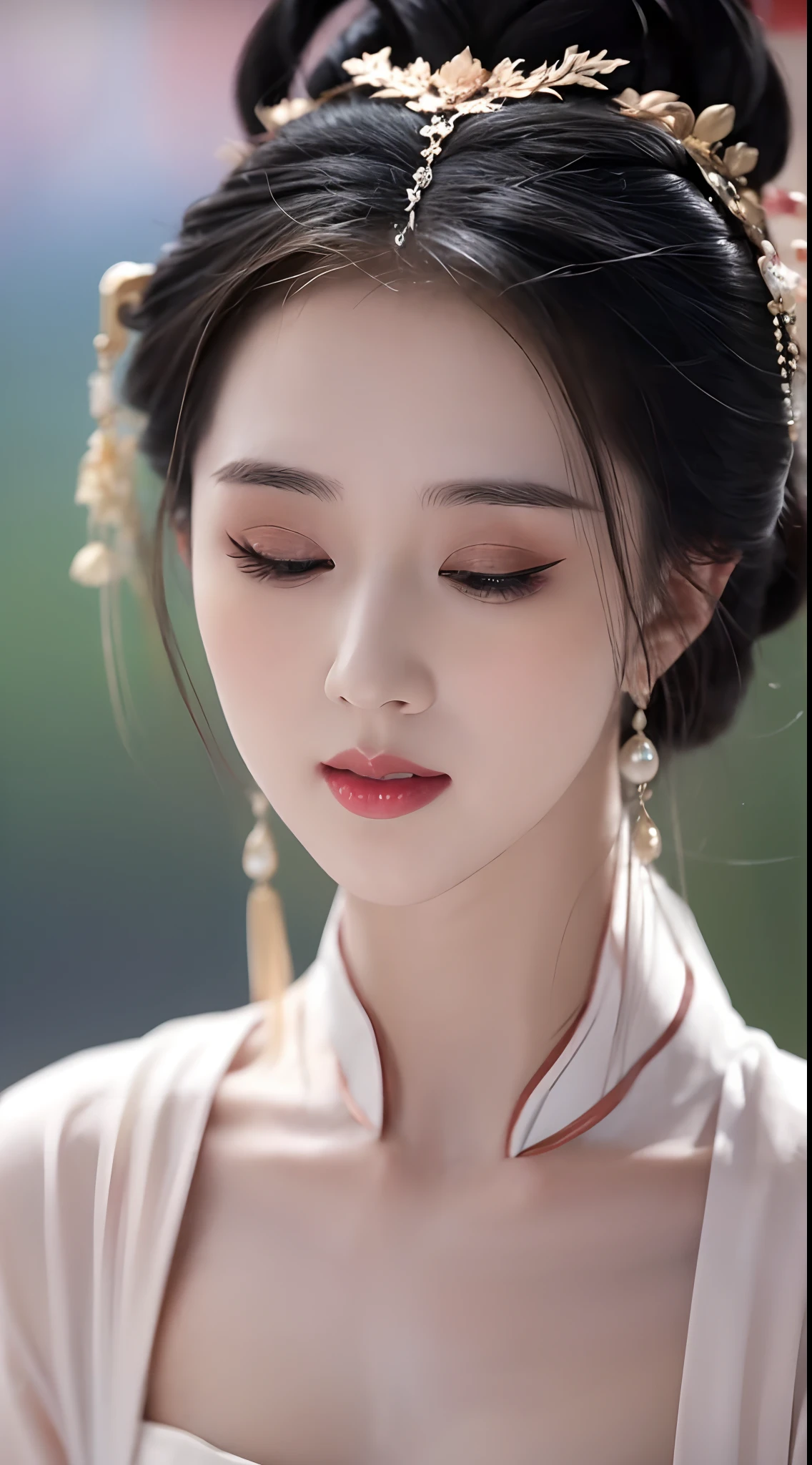 1 1 girl is extremely pretty and graceful, dressed in a slender, ancient han dynasty costume, masterpiece, highres, In the Dark: 1.6), Super realistic female portrait of David Hockney and Alphonse Mucha, realistic girl, long silky black hair, double bangs, non-fiance style hair styling, chinese face, cute face, realistic girl, photorealism, dynamic lighting, artstation, volumetric lighting, very detailed faces, (((Oval face: 1.2))), ((short chin:1.8)), 8k ultra, Awarded, in the dark, deep shadow, low key, cowboy lens, red phoenix dress, bust, luxurious palace, hanfu style, crown, black eyes make up very sharp and detailed, face cleaning, the most beautiful face, Balanced teeth, bright white teeth, chinese pretty girl, the breasts are very big and round and round, breast augmentation, very tight breasts, Super realistic, chinese women's clothing, The eyes are very well made up, eye bags under wet makeup, guweiz, dunhuang style, wearing black mesh socks, long and neat black hair, double bangs, (((mouth closed: 0.9))), red lipstick, ((thick upper lip:0.6)), small and red lips, the landscape is overcast and thunderous, upper body portrait, Close-up of the main character, (Background details 1.8), smooth skin, rosy and smooth skin, HDR, UHD, 8k quality, detailed pixel, super realistic, ultra realistic, attractive girl, look at the girl's upper body, look directly at the viewer, get close to the girl, take a close-up photo of the girl,