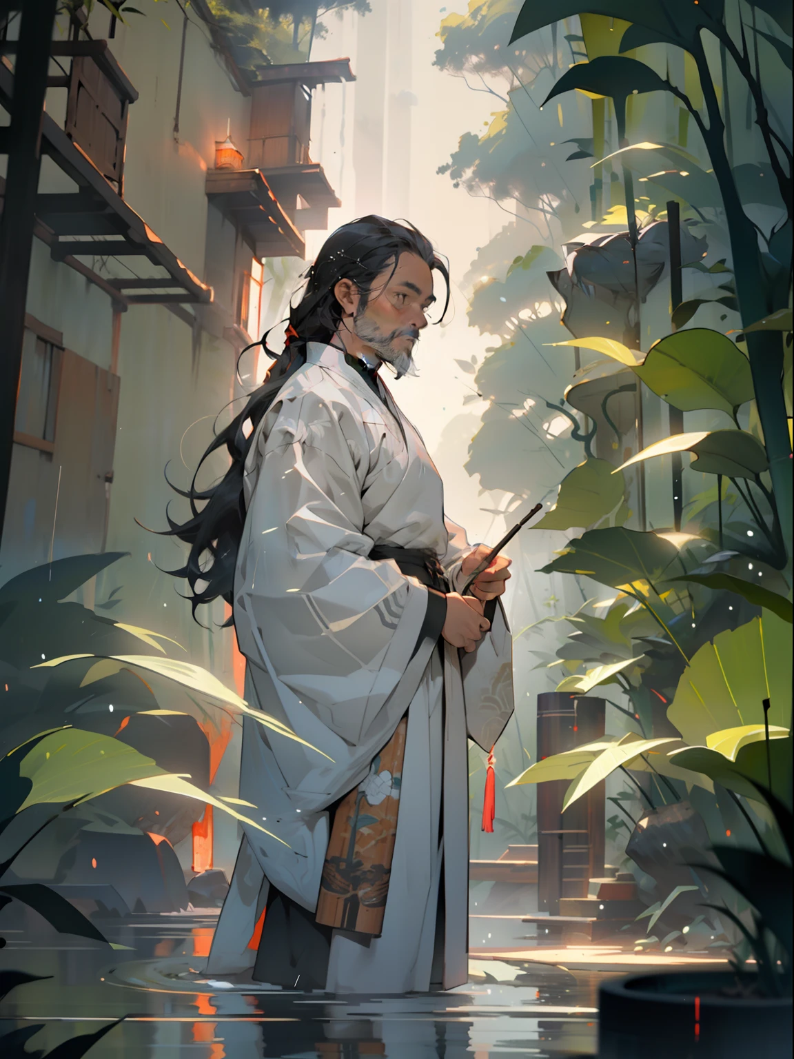 Deep in the bamboo forest, Chinese Ancient Times，raining day, A middle-aged male, 50yearsold, With a beard，long whitr hair，emaciated，dressed white hanfu, Standing in a bamboo forest, A hand touched his beard，Place one hand behind your back，look up to，Quiet, Cinematic lighting, in a panoramic view, Masterpiece, ccurate, Super detail, Award-Awarded, Best quality