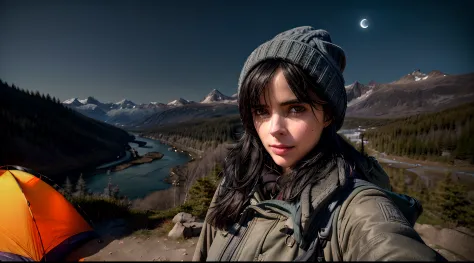1girl, jessicajones, long hair, black hair, ((upper body selfie, happy)), masterpiece, best quality, ultra-detailed, solo, outdoors, (night), mountains, nature, (stars, moon) cheerful, happy, backpack, sleeping bag, camping stove, water bottle, mountain bo...