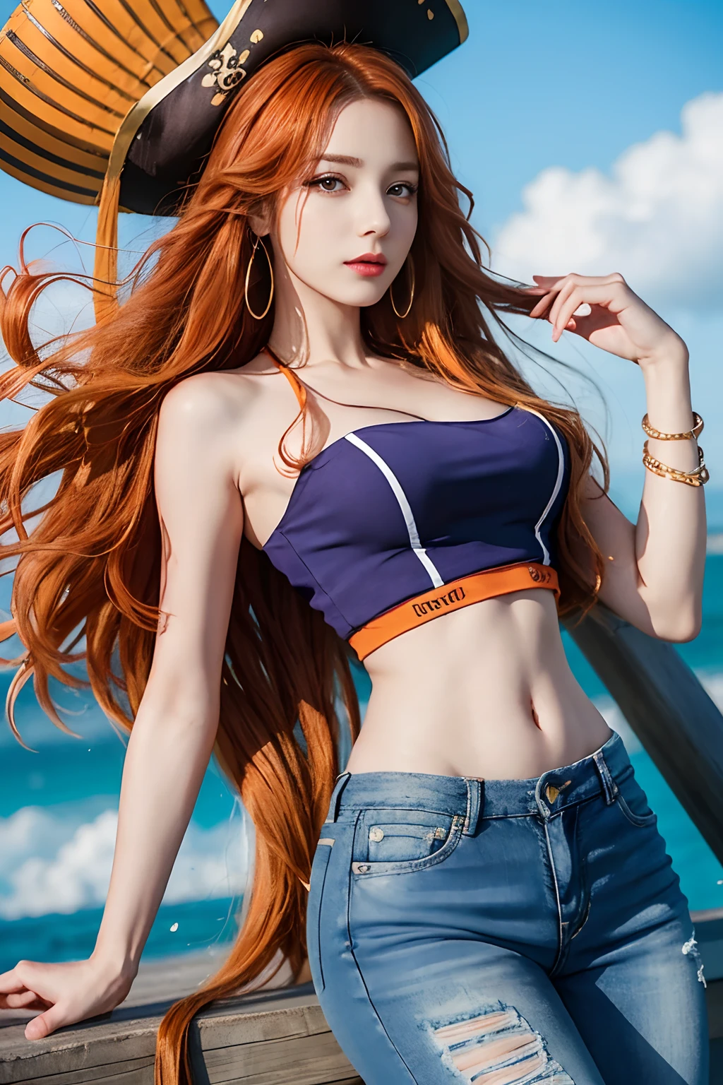 (((masterpiece+best quality+high resolution+ultra-detailed))), nami \(one piece\), long silky orange hair, high nose, sharp eyes, noble and inviolable temperament, (([female]: 1.2 + [beauty]: 1.2 + orange long hair: 1.2)), pirate ship background, (one piece), blue sky, bracelets, bubbles, clouds, denim, pants, shoulder tatto, bright eyes, dynamic angle and posture.