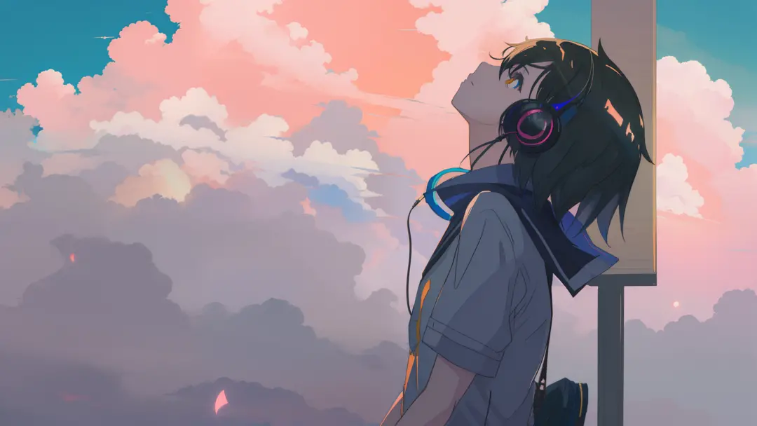 anime girl wearing headphones, looking up the sky，makoto shinkai cyril rolando, dreamy psychedelic anime, anime cloud, lofi-girl...