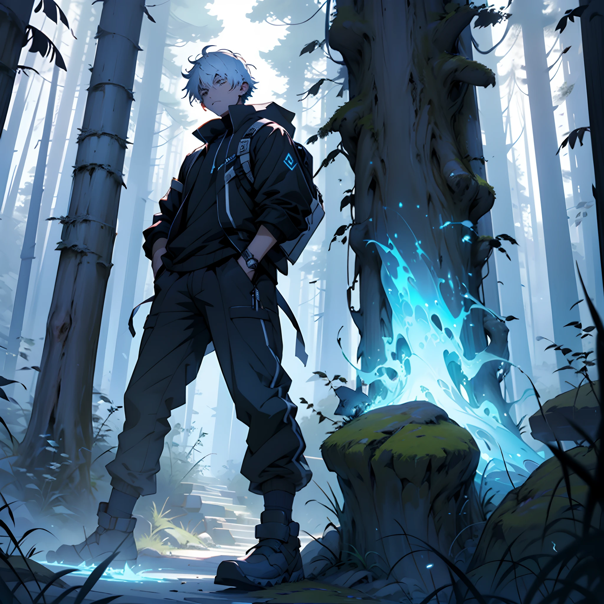 Anime character standing in a forest with a glowing blue fire - SeaArt AI