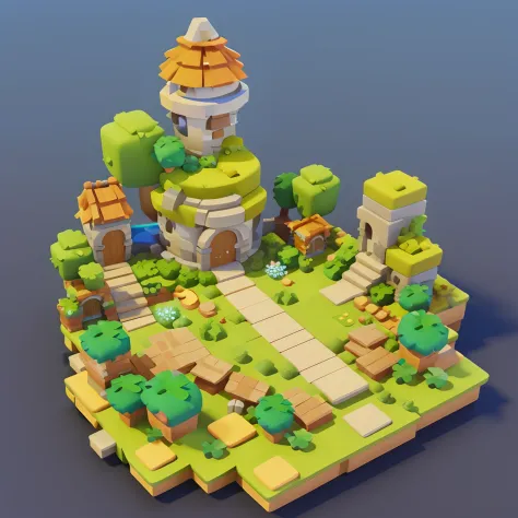 Game architecture design， cartoony， Riman， steins， bricks， grassy， flod， florals， Verdure， ricefield， the trees， critters， casual game style， 3d， blender， tmasterpiece， super detailing， Best quality at best