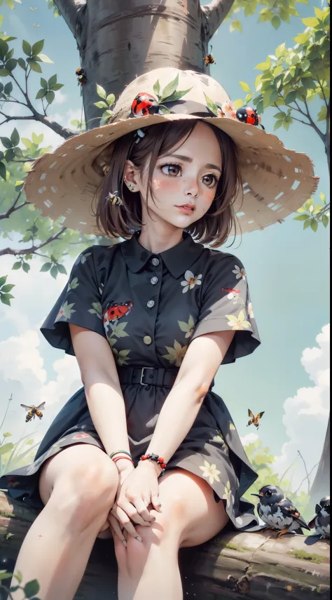 (sitting under a tree、Woman wearing ladybird print accessories:1.6), May, (Two birds named Flingilla koeleb on a tree branch wit...