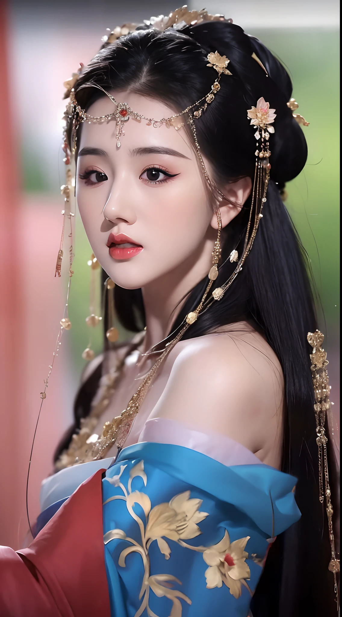 1 1 girl is extremely pretty and graceful, dressed in a slender, ancient han dynasty costume, masterpiece, highres, In the Dark: 1.6), Super realistic female portrait of David Hockney and Alphonse Mucha, realistic girl, long silky black hair, double bangs, non-fiance style hair styling, chinese face, cute face, realistic girl, photorealism, dynamic lighting, artstation, volumetric lighting, very detailed faces, (((Oval face: 1.2))), ((short chin:1.8)), 8k ultra, Awarded, in the dark, deep shadow, low key, cowboy lens, red phoenix dress, bust, luxurious palace, hanfu style, crown, black eyes make up very sharp and detailed, face cleaning, the most beautiful face, Balanced teeth, bright white teeth, chinese pretty girl, the breasts are very big and round and round, breast augmentation, very tight breasts, Super realistic, chinese women's clothing, The eyes are very well made up, eye bags under wet makeup, guweiz, dunhuang style, wearing black mesh socks, long and neat black hair, double bangs, (((mouth closed: 0.9))), red lipstick, ((thick upper lip:0.6)), small and red lips, the landscape is overcast and thunderous, upper body portrait, Close-up of the main character, (Background details 1.8), smooth skin, rosy and smooth skin, HDR, UHD, 8k quality, detailed pixel, super realistic, ultra realistic, attractive girl, look at the girl's upper body, look directly at the viewer, get close to the girl, take a close-up photo of the girl,