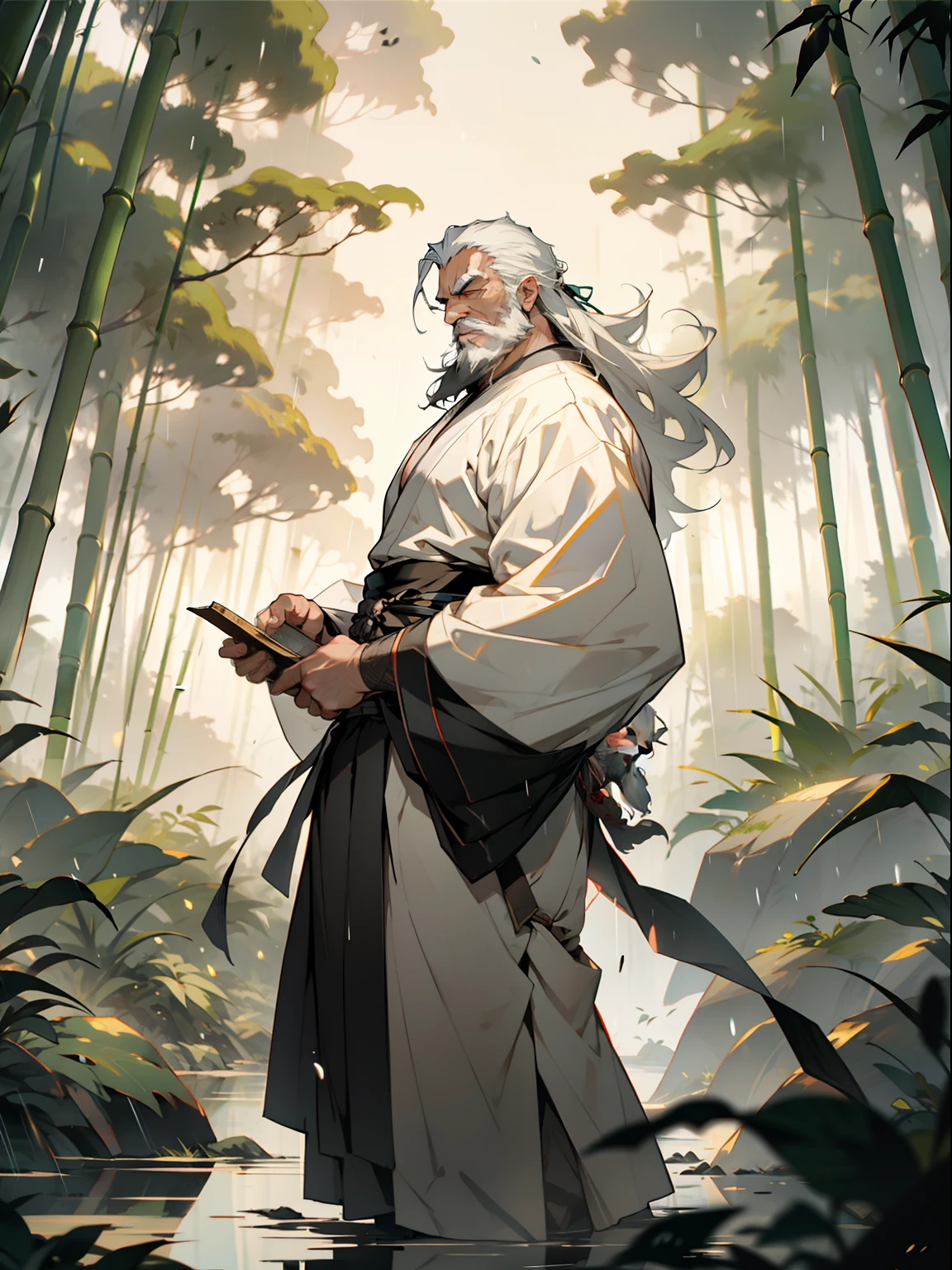 Deep in the bamboo forest, Chinese Ancient Times，raining day, A middle-aged male, 50yearsold, With a beard，long whitr hair，emaciated，dressed white hanfu, Standing in a bamboo forest, A hand touched his beard，Place one hand behind your back，look up to，Quiet, Cinematic lighting, in a panoramic view, Masterpiece, ccurate, Super detail, Award-Awarded, Best quality