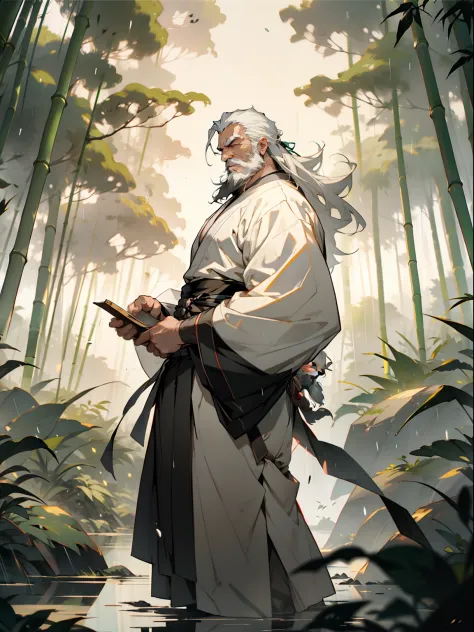 Deep in the bamboo forest, Chinese Ancient Times，raining day, A middle-aged male, 50yearsold, With a beard，long whitr hair，emaci...