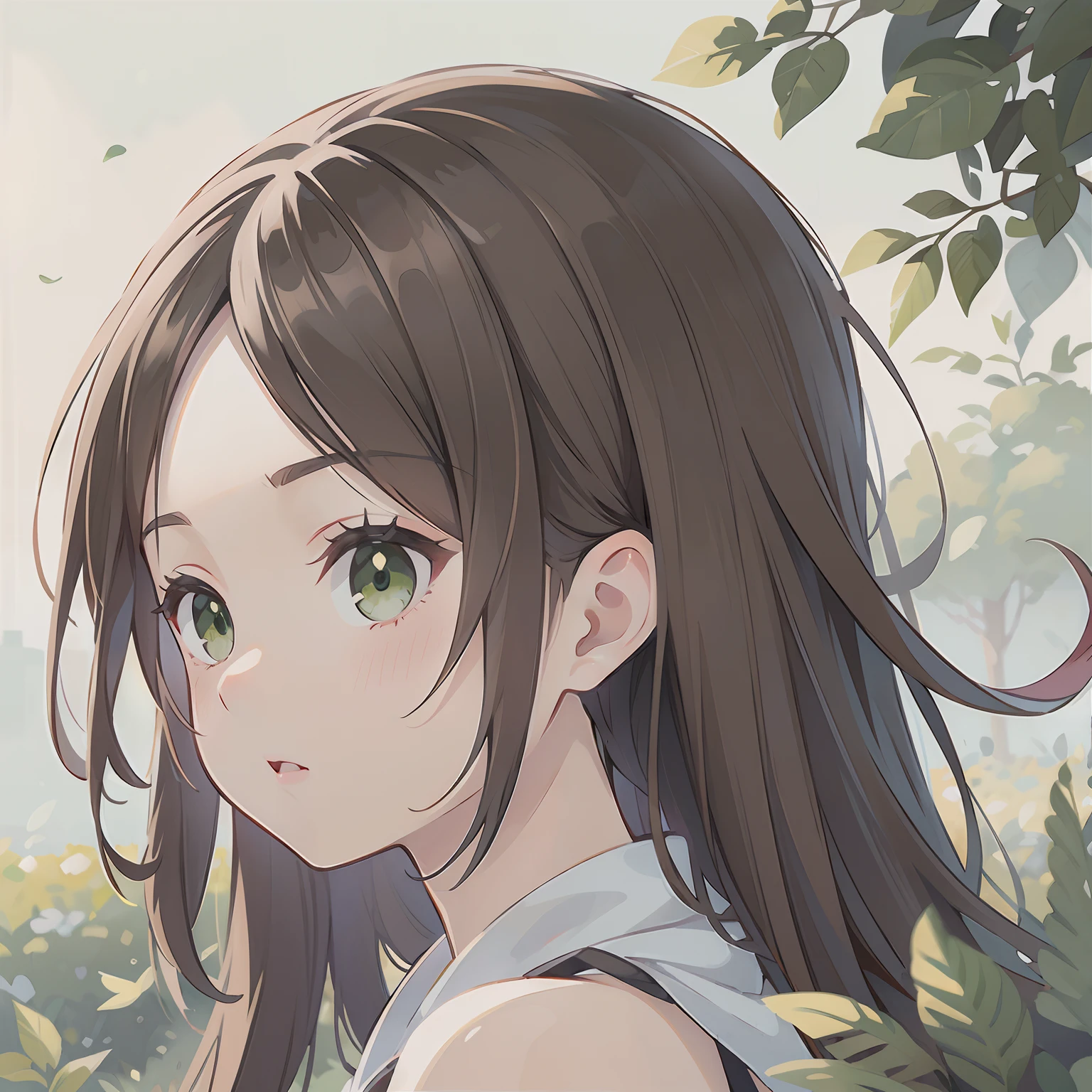 (masterpiece), best quality, beautiful detailed hair detailed face, ultra high res, sharp focus, ((1 woman, solo)), perfect feminine face, very stunning woman, (dressless:1.3), upper body, profile picture shot, chesnut brown hair, flowing messy long hair, ((green eyes))