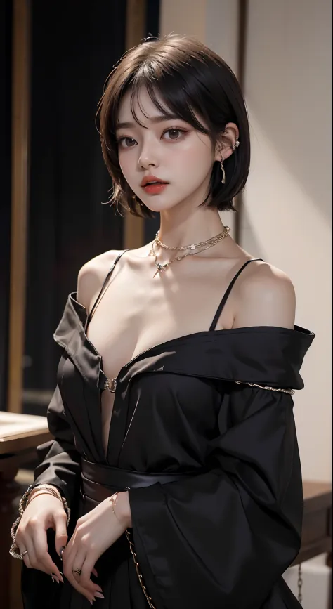(natta)、((top-quality、​masterpiece:1.3))、sharp:1.2、Perfect Body Beauty:1.4、((Layered hairstyle))、((natta))、(Black Dress:1.1)、(Luxurious room:1.2)、(chains:1.2)、Highly detailed facial and skin texture、Detailed eye、二重まぶた、((short-length hair))、boyish、Cool、((un...