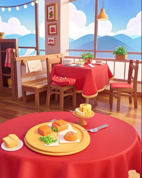 a little perspective，bright restaurant，delicacies，red tablecloth，wooden seat 3d illustration，3d illustration，8k cartoon illustra...