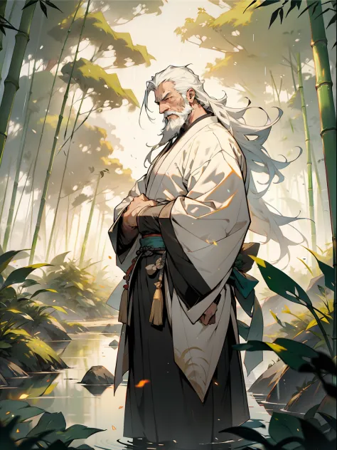 Deep in the bamboo forest, Chinese Ancient Times，raining day, A middle-aged male, 50yearsold, With a beard，long whitr hair，emaci...