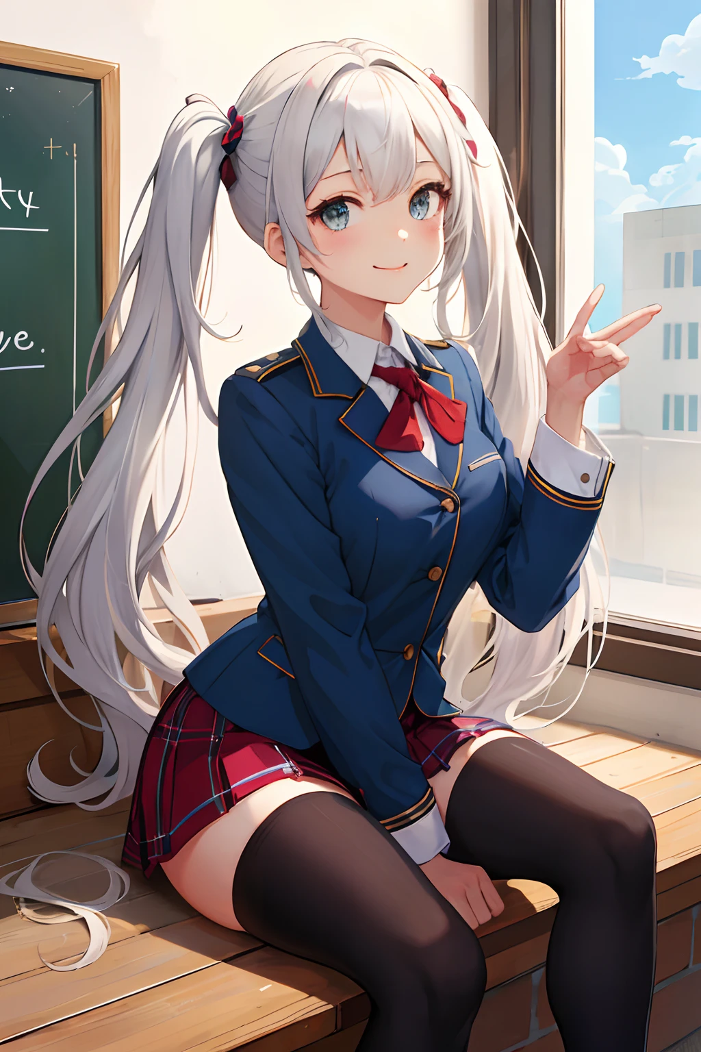 (masterpiece, ultra high res, best quality:1.1), flat color, 1girl, solo, (overknee socks), (school uniform), white hair, twintails, [smile],