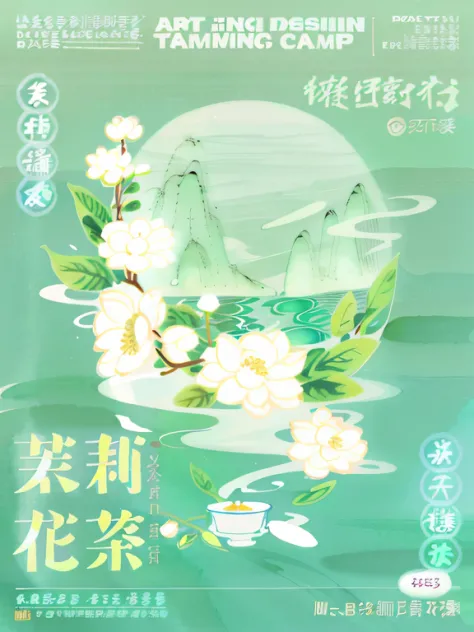 Jasmine and a mountain in the background, Chinese painting style, Chinese watercolor style,Jasmine teacup illustration, Inspired by Xiao Yuncong, Poster illustration, inspired by Hu Jieqing, inspired by Xie Shichen, inspired by Ma Yuanyu, Chinese style pai...
