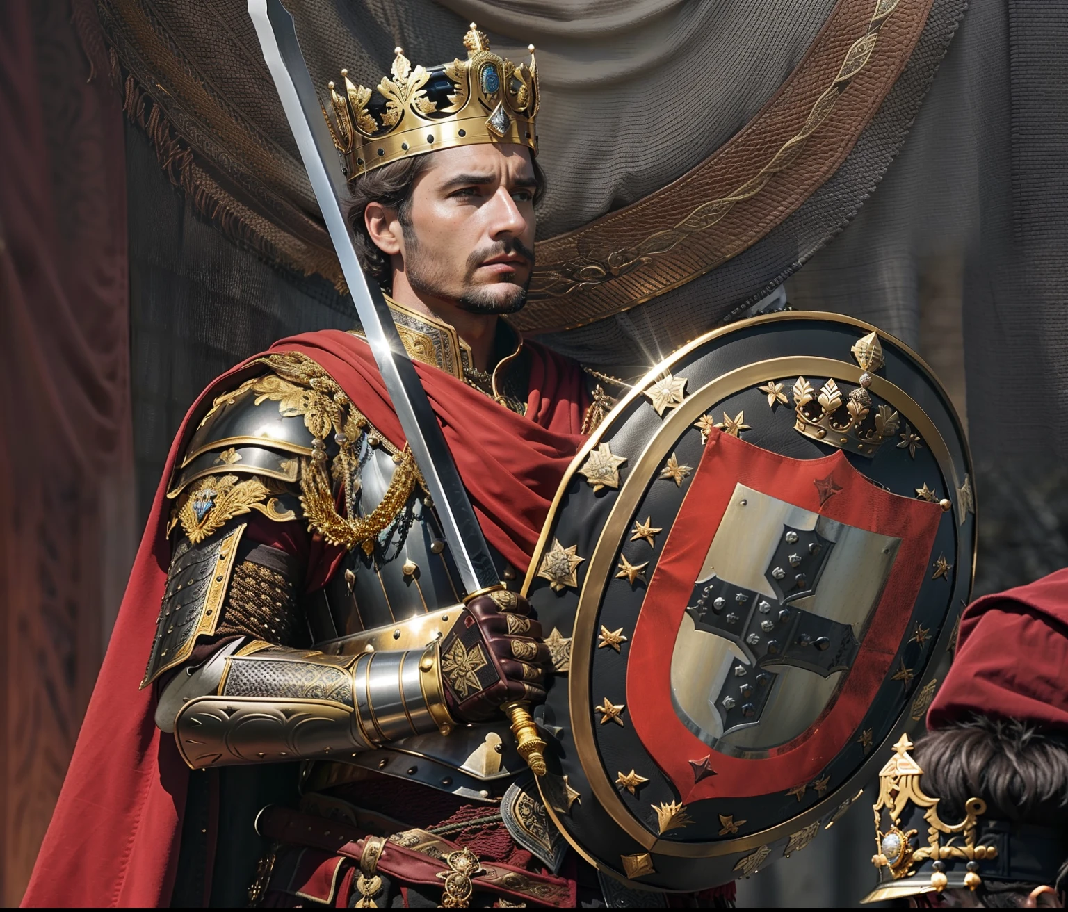 4K, HD, realistic,a man wearing a crown and armor, holding a shield in one hand and a sword in the other. He has an intense expression on his face, with furrowed brows and pursed lips. His eyes are focused intently ahead of him as if he is ready to take action at any moment. The man's clothing consists of brown leather armor that covers most of his body, including his chest, arms, legs and feet. On top of this he wears a golden crown atop his head which adds to the regal air about him. The colors used are mostly shades of grey with some accents of brown from the leather armor and gold from the crown. The image must convey strength and power through its subject matter, use of color to create depth within the image. 44 years old, cinematic, portuguese monarchy