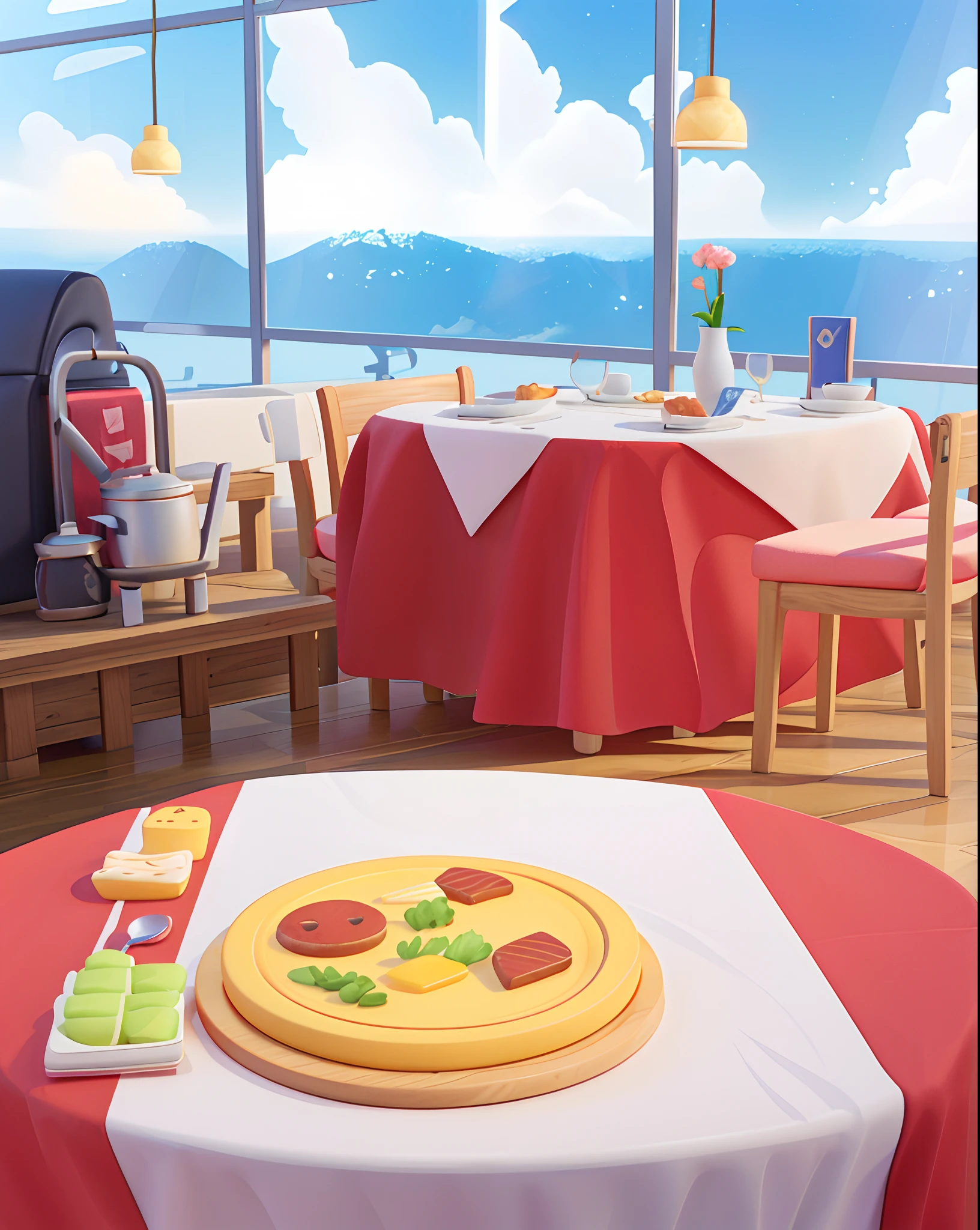 Bright restaurant，delicacies，Red and white tablecloths，Wooden seat 3D illustration，3D illustration，8K cartoon illustration，Detailed scenes，Official artwork，2.5D illustration，Official illustration，A beautiful artwork illustration，detailed photo of virtual world