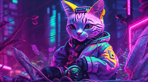 A cat with headphones and a jacket is sitting on a large lily leaf in a fountain. Cyberpunk and post-Soviet modernism  style the...