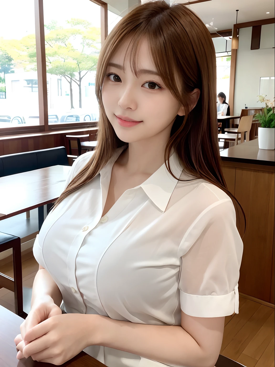 masutepiece、Supreme Beauty、Beautifully shaped breasts、​masterpiece, 1 girl, solo、Thin white shirt、detail, depth of fields, 135 mm, Textured skin, Super Detail, High quality, awardwinning, Best Quality, hight resolution, 8K, white-skinned,Koi brown hair、Random hair、cute  face、Gentle smile、Adult beauties、25-years old、1 person per Japan、Top image quality、Ultra-high resolution、8K、Bright sunshine、Delicate Photos、Unwind in a café、Realistic background