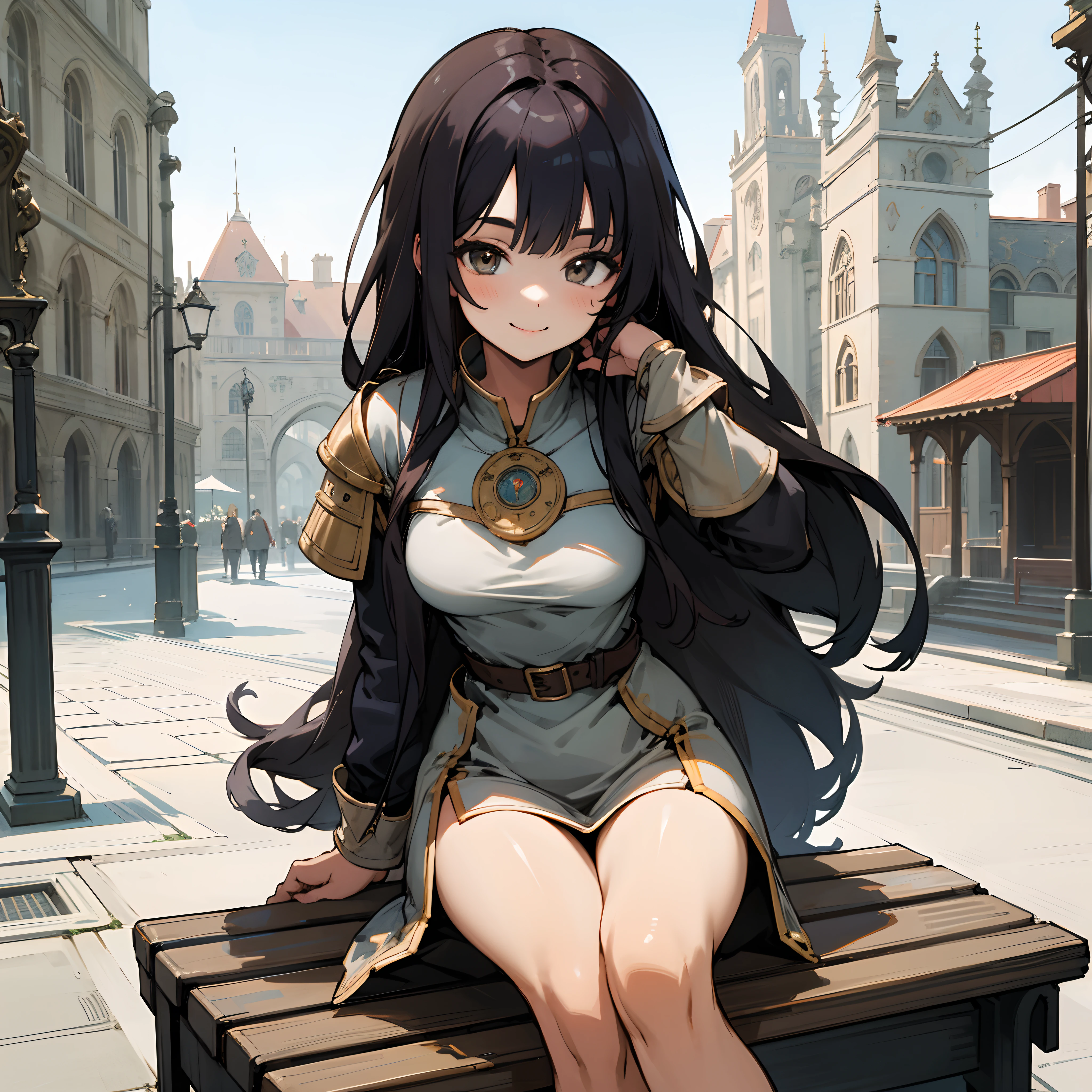 1girl, black long hair. bronze eyes, wearing medieval fantasy dress, high res, ultrasharp, 8k, masterpiece, perfect body, perfect face, cute face, sitting on the bench, medieval city looking forward, smile