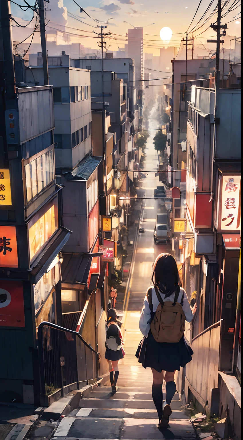 鳥瞰遠處、早晨發光的光、反焦眼透鏡、會見、一座擁有許多美麗標誌的城市、東京八城、所有的心、日本走在街上、太空 天空、插畫場景、詳細描述了、藝術插畫背景藝術、精致的风景、壁纸4k、細節增強、完美的細節處理。
