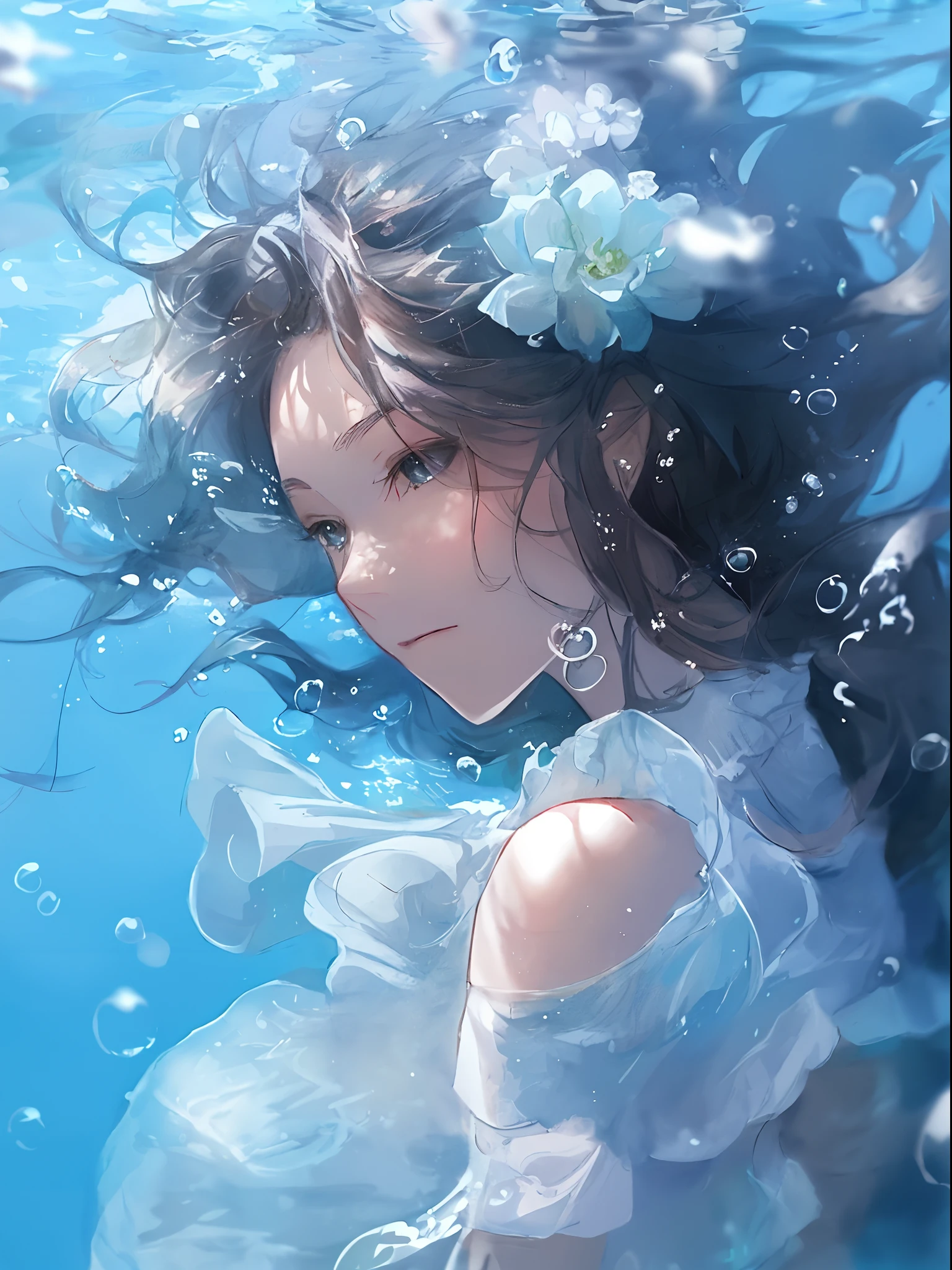 Close-up of a woman in a white dress under the water，wallpaper anime blue water，Guviz-style artwork，closeup fantasy with water magic，by Yang J，Guviz，a beautiful artwork illustration，Water Nymphs，beautiful digital artworks，beautiful digital illustration，By Li Song，In the art style of Beauvot，a beautiful anime portrait,Wetwatercolor
