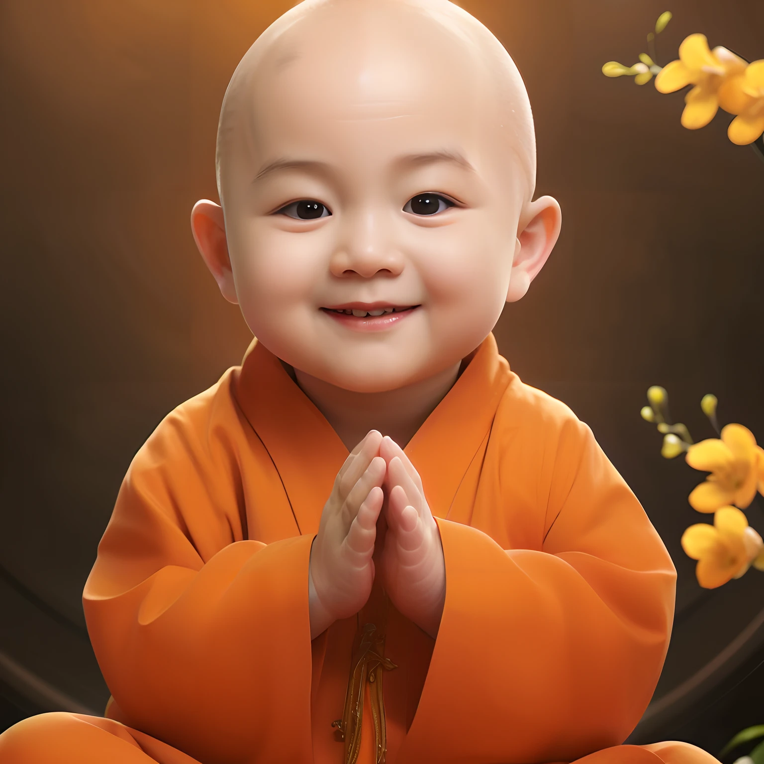 El bebé Arad, con túnicas naranjas, está sentado frente a una flor., Budista, preciosa pintura digital, buddhist monje, Toma de retratos, monje clothes, una sonrisa serena, niños, portrait of monje, inocencia, monje, Niños felices, chico mono, Budismo,  Traje de monja, expresión serena, mano de bendición, primer plano retrato, monje meditation, Yan, niño de pechos grandes, Fue