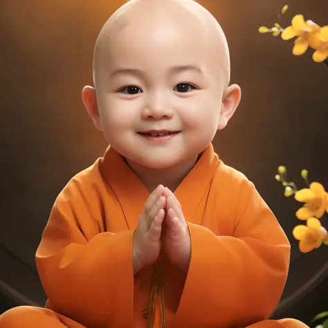 Baby Arad in orange robes sits in front of a flower, Buddhist, lovely digital painting, buddhist monk, portrait shooting, monk c...